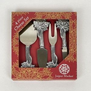Jaipur Market 4-Piece Cheese Set Leaf Handle Silver Toned Handcrafted Metal